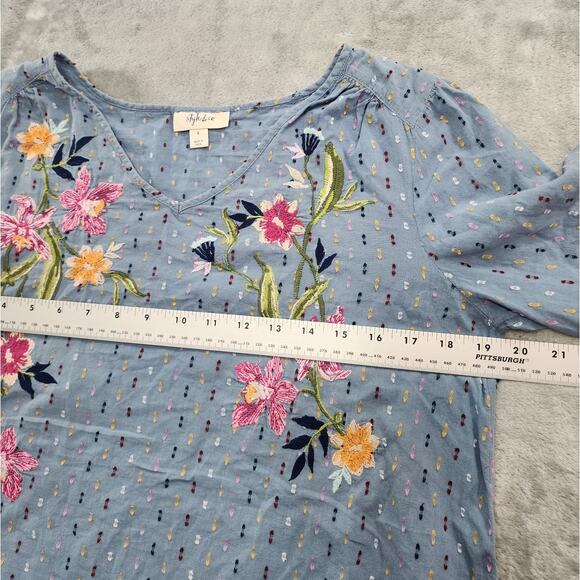 Style&Co Top Womens S Blue Embroider Floral V-Neck Ruffled Sleeve Peasant Boho - Picture 7 of 9